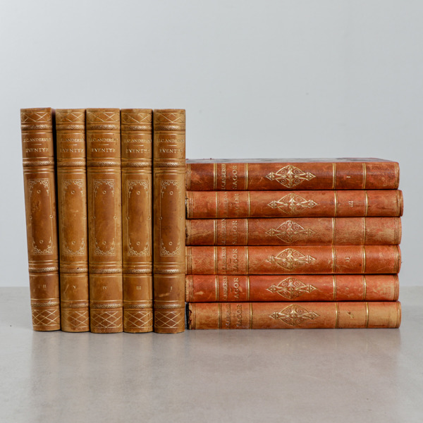 Böcker, H C Andersen, 5 band "HC Andersens Eventyr" (danska) samt 5 band "Sagor & Berättelser" (svenska)