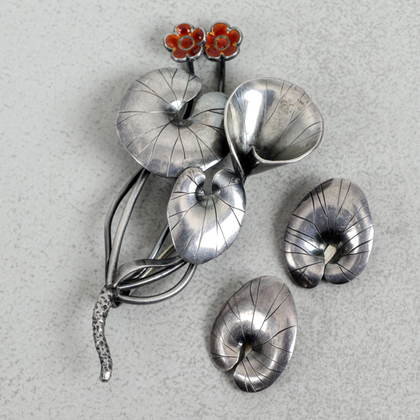 Brosch och örhängen, MIC, silver, 1940-tal