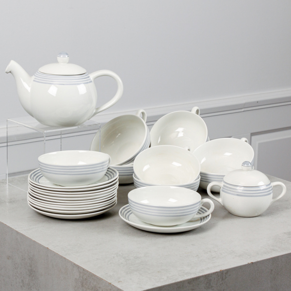 Wilhelm Kåge, "Grå ränder", te-/ kaffekoppar med fat, kaffekanna, sockerskål, Gustavsberg, 14,