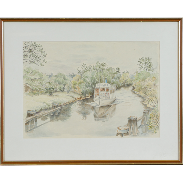 Margitt Ehrnst, "Sjösala trafikerar Fyrisån", akvarell, signerad
