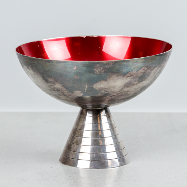 Emaljerad skål på fot, nysilver, Carl Christiansen, Danmark