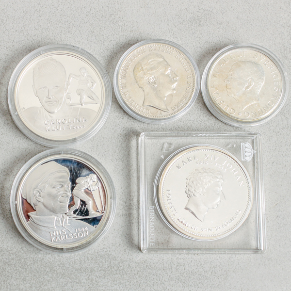 Minnesmedaljer/Mynt, 5 delar, silver, 132g