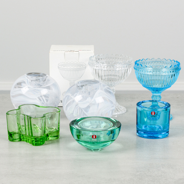 Ljushållare, skålar, 7 delar, Iittala, Marimekko och Kosta Boda