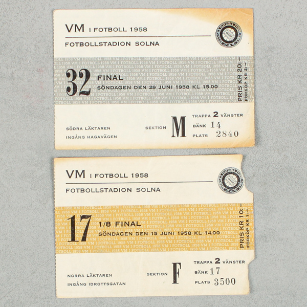 VM-biljetter, fotboll, finalen och 1/8-finalen, Sverige-Brasilien, 1958, 2 st