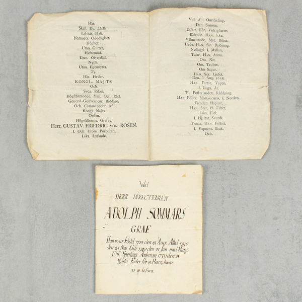 Gravbrev, 2 st, för Herr Gustav F von Rosen, daterat 1769 och direktör Adolph Sommar, daterat 1786