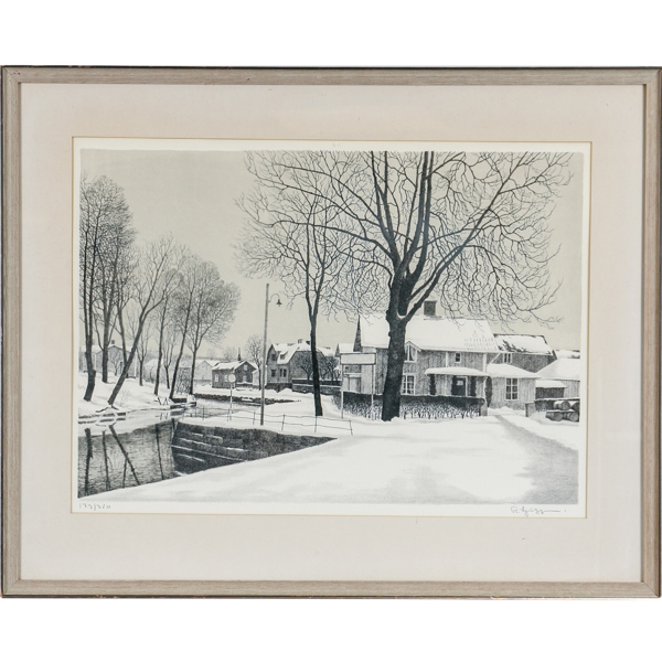 Reinhold Ljunggren, stad i snö, litografi, signerad
