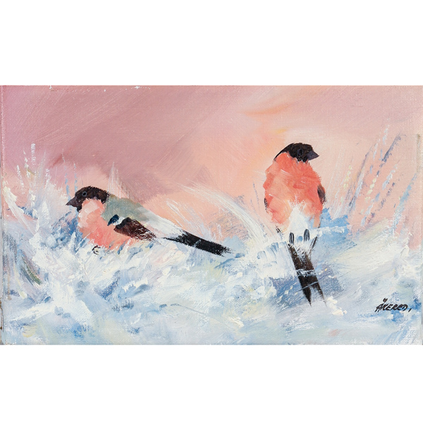 Per Åkered, domherrar, olja på duk, signerad