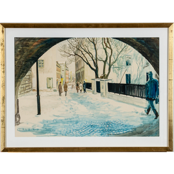 Gösta Josefsson, promenad genom Skytteanum, akvarell, signerad