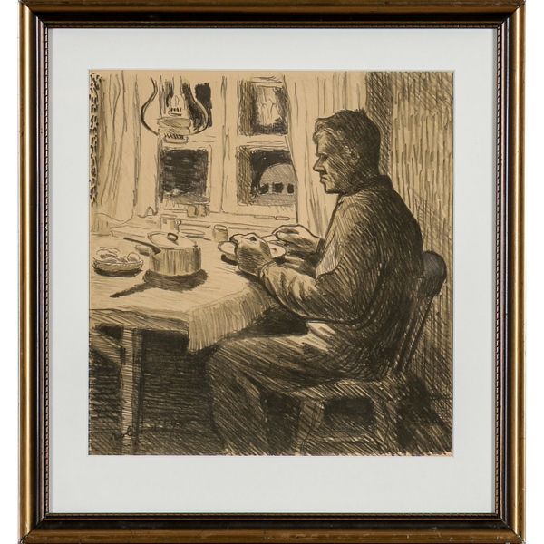 Roland Svensson, "Evert vid kvällsmålet", teckning på papper, signerad