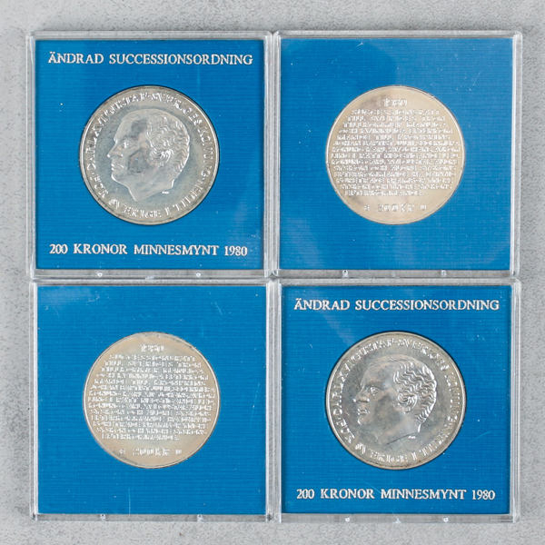 Medaljer, 4st, "Ändrad successionsrätt" 1980, silver