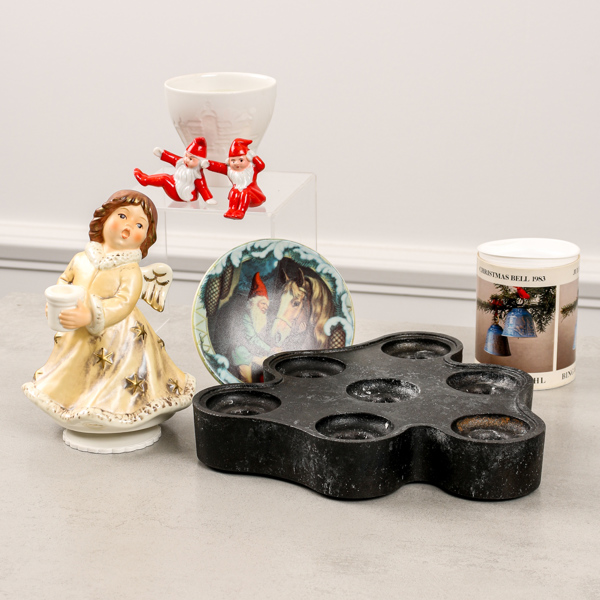 Juldekorationer, bla. Speldosa/figurin, Goebel, fat Arabia samt pingla, Bing & Gröndahl