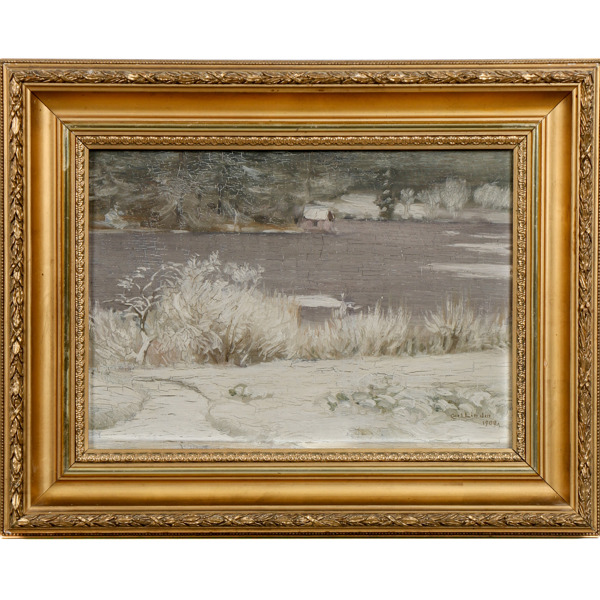 Carl Lindin, vinter, olja på pannå, signerad och daterad 1900
