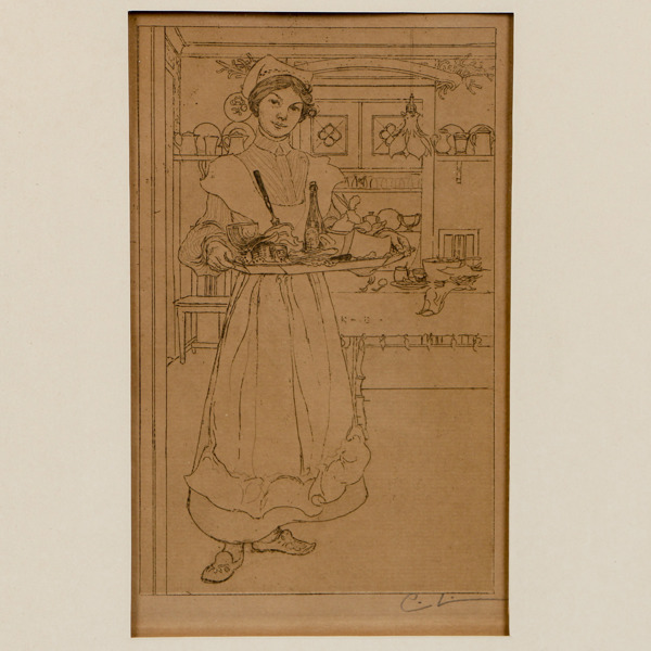 Carl Larsson, "Martina med frukostbrickan", etsning, monogramsignerad i blyerts