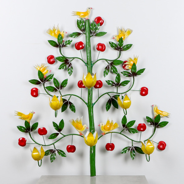 Väggdekoration med ljushållare, bemålad, fåglar och äpplen, 19/2000-tal