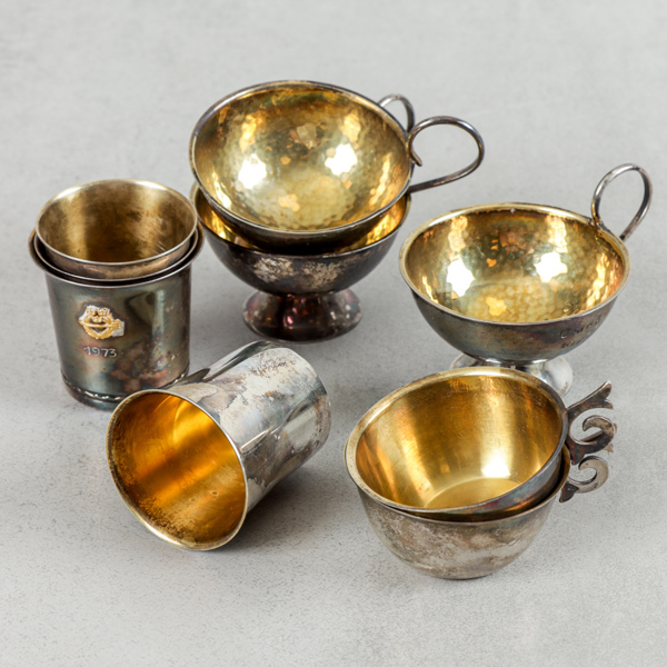 Punchmuggar och pokaler, 9 delar, silver, 238g