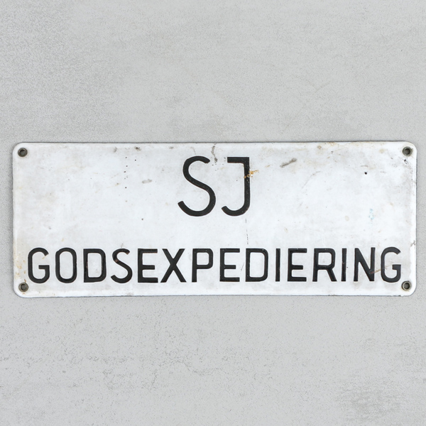 Emaljskylt, kupad, "SJ Godsexpediering"