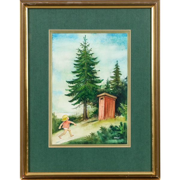 Helge Artelius, spring i benen, akvarell, signerad