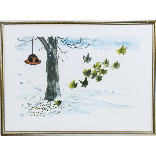 Evy Låås, träd med fåglar, litografi, signerad