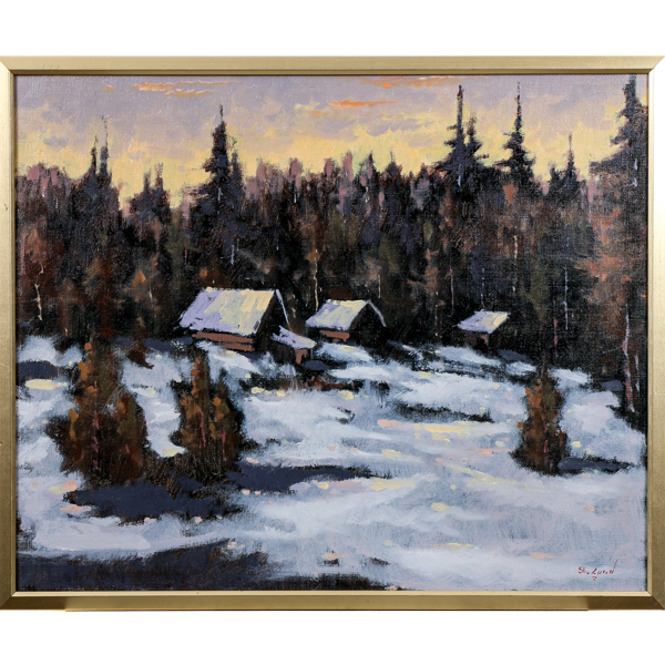 Sven Erik Lund, stugor i vinterskrud, olja på duk