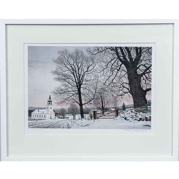 Reinhold Ljungren, landsbygd med kyrka, litografi