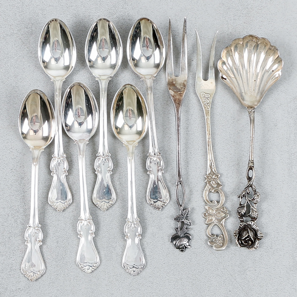 Uppläggningsbestick och teskedar, 9 delar, silver, 111g