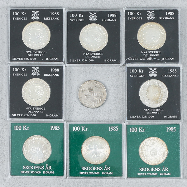 Mynt, 9st, Sverige, 100kr, 1985-1988