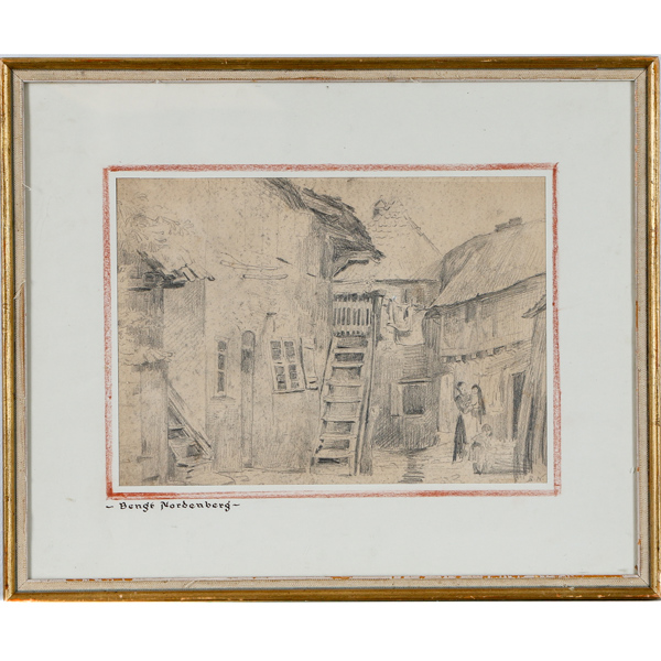 Bengt Nordenberg, figurscen på innergård, blyerts på papper, signerad