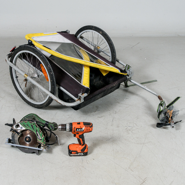 Cirkelsåg Hitachi C6BU2, Skruvdragare AEG modell BSB18G2, cykelkärra