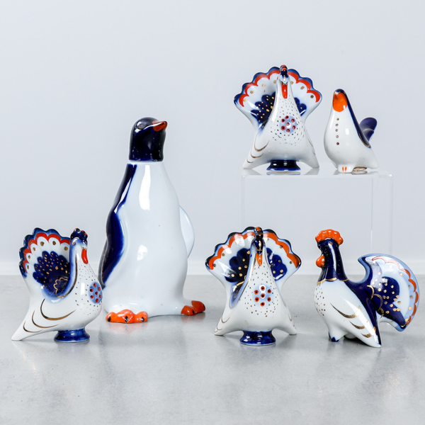 Lomonosov, Karaff, i form av pingvin, samt 5 st salt- & pepparkar, USSR