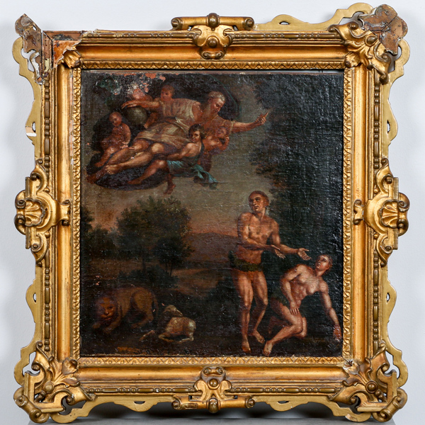 Oidentifierad konstnär, allegoriskt motiv med Adam och Eva, olja på duk, uppfodrad på pannå, 1700-tal