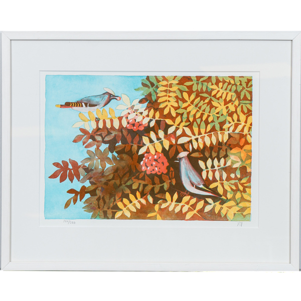 Per Andersson, fåglar i rönn, litografi, signerad