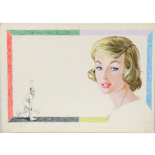 Gerd Miller, kvinna och tennisspelare, blandteknik på pannå, signerad