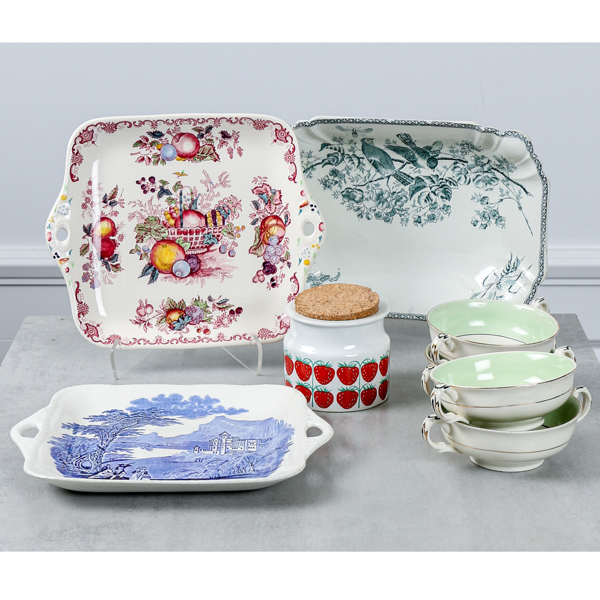 Syltburk, "Pomona", Raija Uosikkinen, Arabia, samt 3 delar fat samt 4 st buljongkoppar