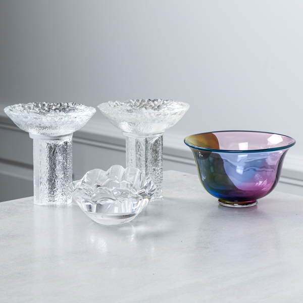 Ljuslyktor, 1 par, "OS-Facklan", Lars Hellsten, Orrefors samt skål och ljuslykta