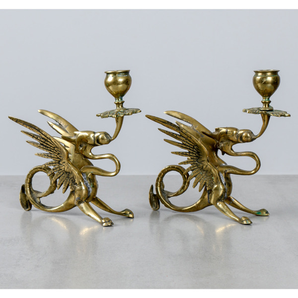 Ljusstakar, 1 par, i form av drakar, mässing, 1900-talets senare del