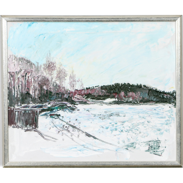 Hans Larsson, F. 1942, "Utsikt från huset vid Långsjön", olja på duk