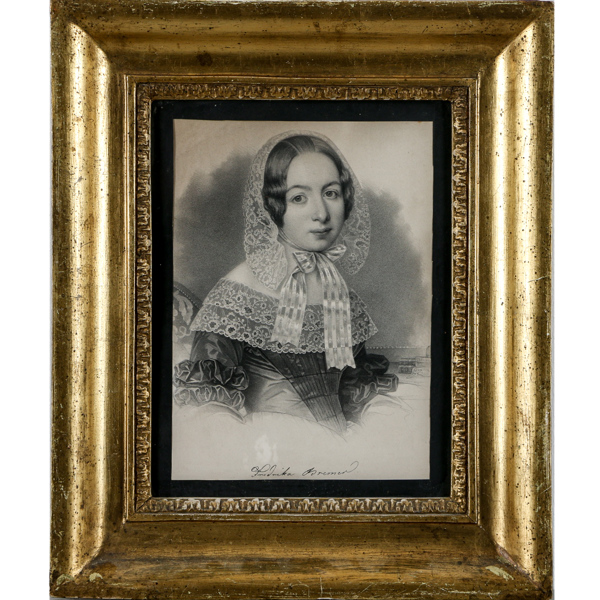 Kopparstick, föreställande Fredrika Bremer, i samtida ram, 1800-talets mitt