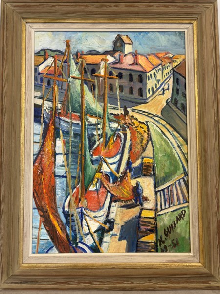 OIdentifierad konstnär, hamn, olja på duk, signerad