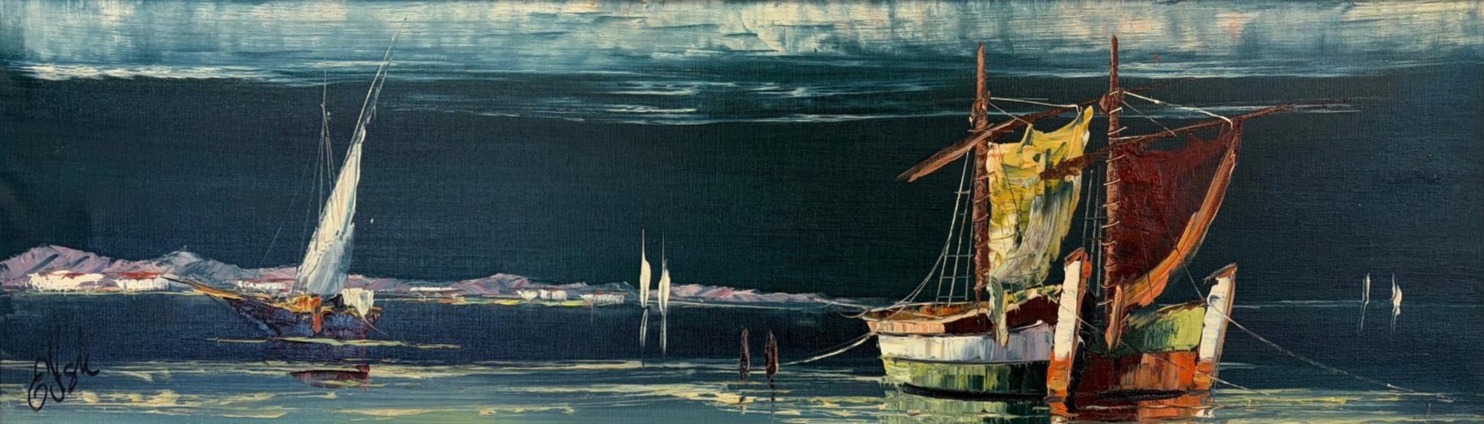 Erik Ask, fiskebåtar, olja på duk, signerad