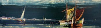 Erik Ask, fiskebåtar, olja på duk, signerad