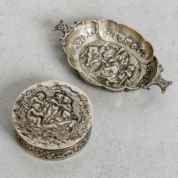 Silverföremål, 2 st, dosa och skål, 68,8 gram