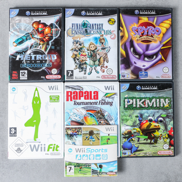 Spel, 4 st Nintendo Gameqube, samt 2 st Nintendo Wii