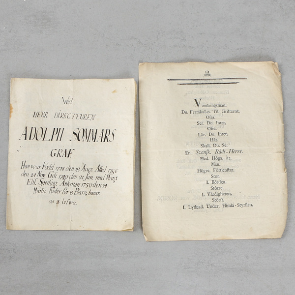 Begravningsverser/brev, "Wid Adolph Sommars graf 1786" samt "Herr Gustav Freiedric von Rosen 1769"