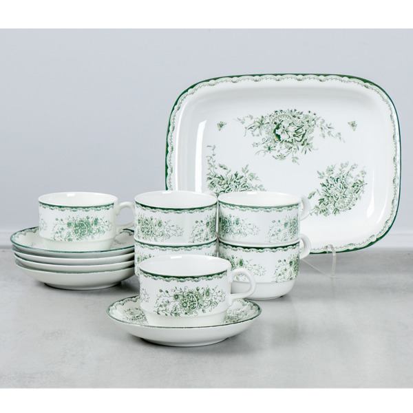 Rörstrand, "Grön Anna", tekoppar med fat, 6 dlr