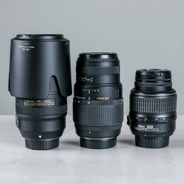 Objektiv, 3 st, Nikon Nikkor AF-P, 70-300, Nikon 18-55, Sigma 70-3300
