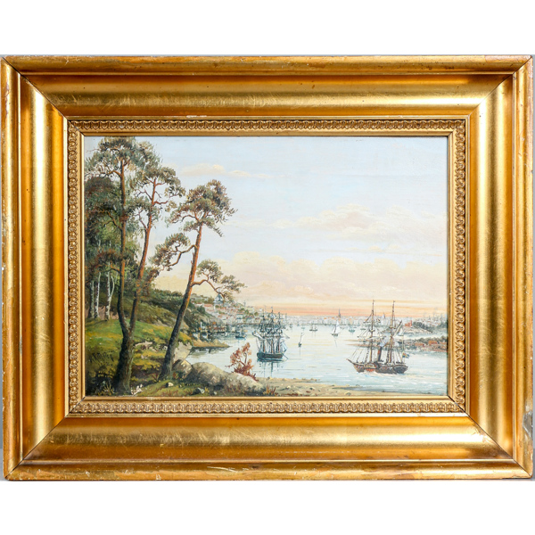 Olja på duk, oidentifierad, signerad, Stockholms inlopp mot Gamla Stan