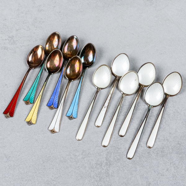 Emaljerade kaffeskedar, 6+6st, silver, bl.a David Andersen