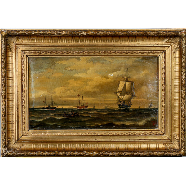 Oidentifierad konstnär, skepp på hav, olja på duk, signerad FB 86, 1800-tal