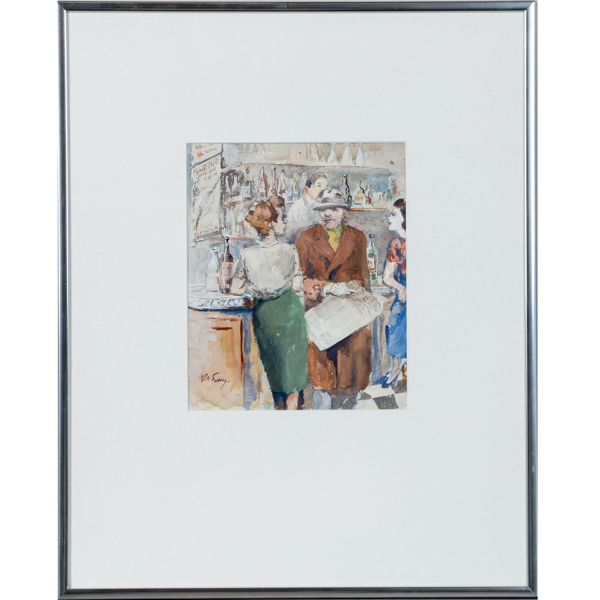 Oidentifierad konstnär, gouasche, Interiör fransk bistro, signerad